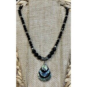 Native American Indian Navajo Abalone Shell Inlay Black Onyx Pendant Necklace